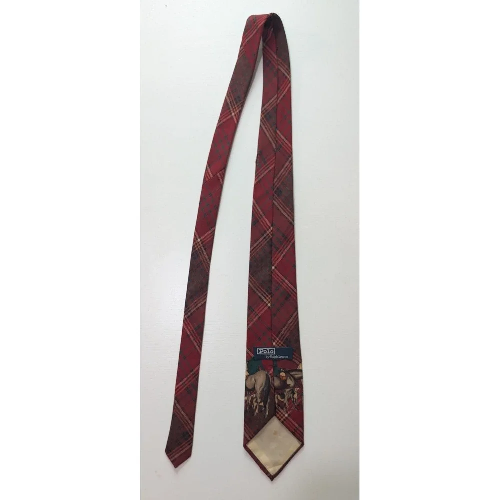 Polo Ralph Lauren Red Plaid Wool Fox Hunt Equestrian Horse Tie Made in USA
